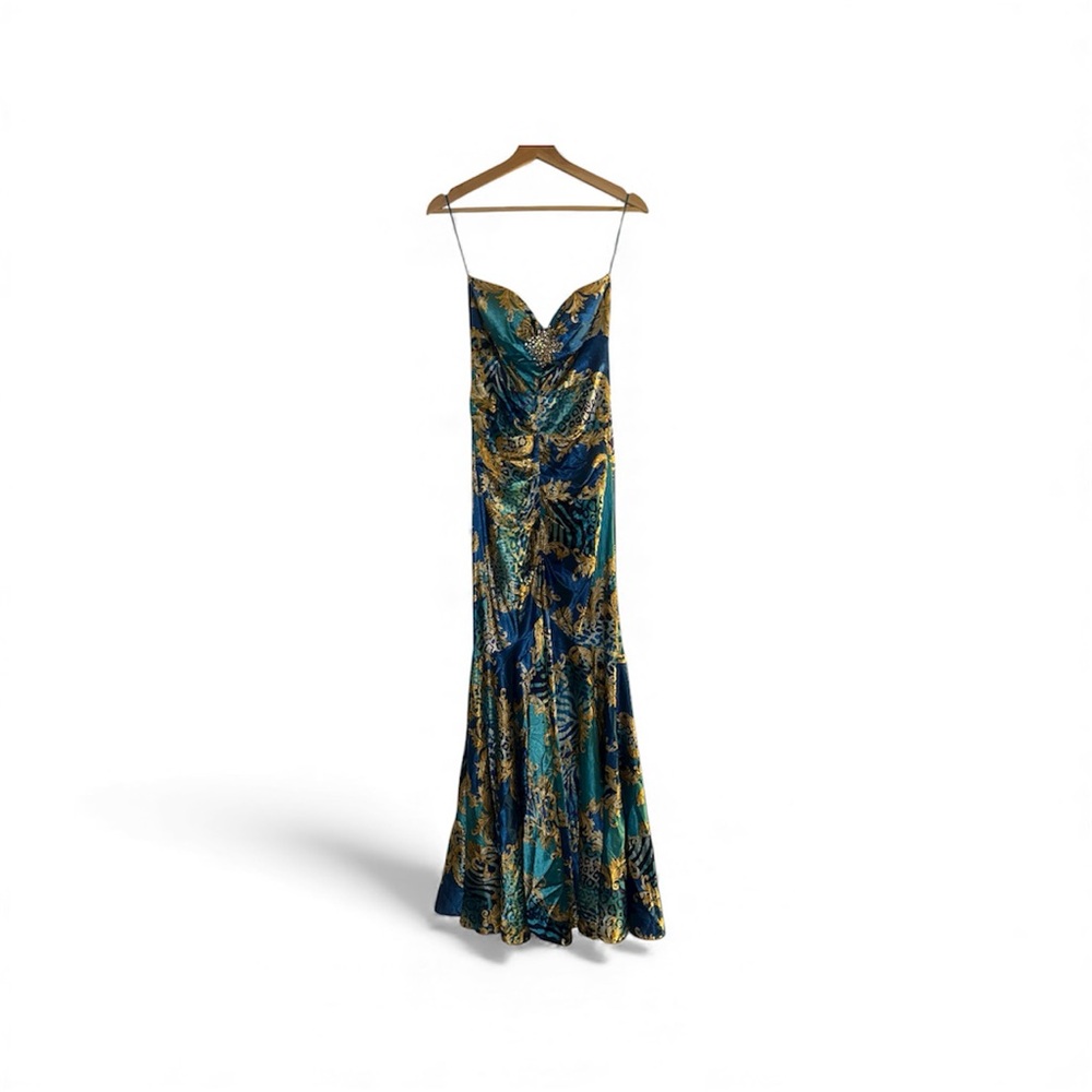 Vtg Cache Dress 90s Y2K Blue Baroque Brooch Strapless Mermaid Cheetah Gown